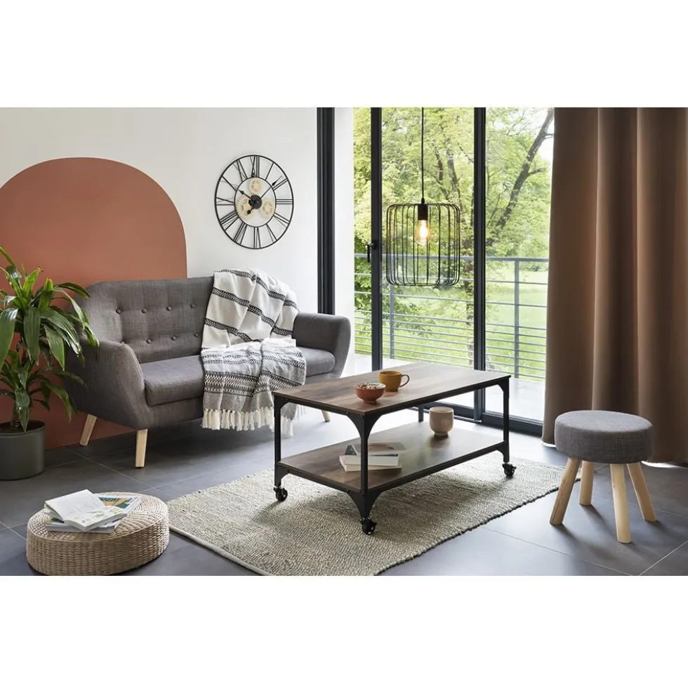Table basse Detroit métal bois noir et marron 90x45xH50 cm