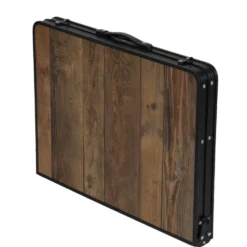 Table camping pliable décor bois et acier finition grille noir 90x60xH66cm