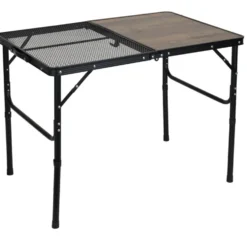 Table camping pliable décor bois et acier finition grille noir 90x60xH66cm