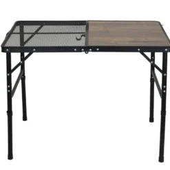 Table camping pliable décor bois et acier finition grille noir 90x60xH66cm
