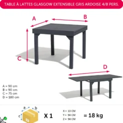 Table à lattes Glasgow extensible gris ardoise 4/8 personnes