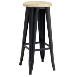 Tabouret métal et bois New York noir et naturel Ø30xH70cm
