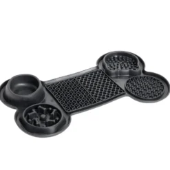 Tapis gamelle chien léchage et anti glouton forme os noir 37,8x22,3xH4cm