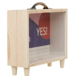 Tirelire bois bleu et blanc motif rond rouge inscription Yes