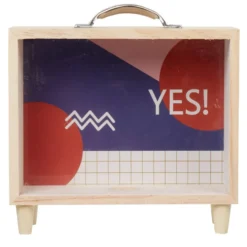 Tirelire bois bleu et blanc motif rond rouge inscription Yes