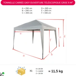 Tonnelle carrée Easy ouverture télescopique grise UPF50+ 290x290xH166-265cm