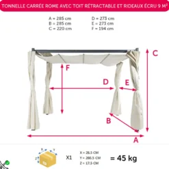 Tonnelle carrée Rome toit rétractable et rideaux écru UPF50+ 285x285xH220cm 8,1m²