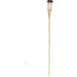 Torche solaire effet flamme 12 LED blanc chaud bambou H120cm