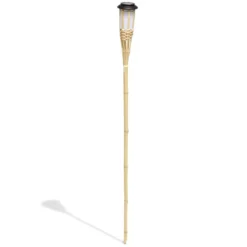 Torche solaire effet flamme 12 LED blanc chaud bambou H120cm
