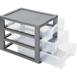 Tour de rangement A4 3 tiroirs grise et transparente 12L