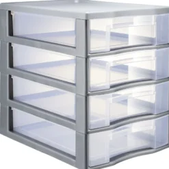 Tour de rangement 4 tiroirs format A4 transparent et gris