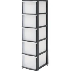 Tour de rangement à tiroirs x5 plastique noir et transparent 27x37xH102,5cm