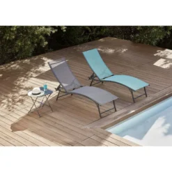 Transat bain de soleil Bahia 5 positions textilène bleu 182x55xH36-92cm