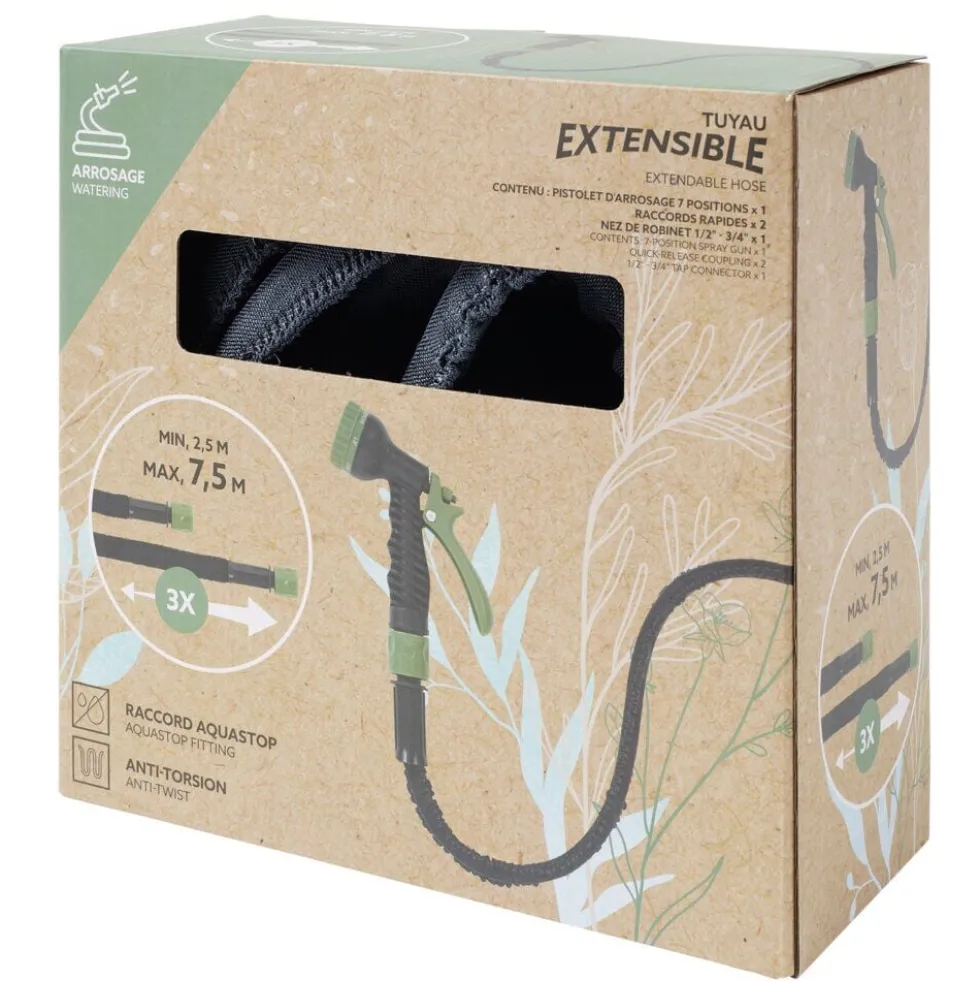 Tuyau d'arrosage extensible avec pistolet vert 2,5à7,5M