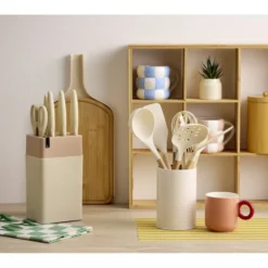 Ustensile de cuisine x7 silicone et bois avec pot beige Ø12xH35cm