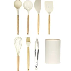 Ustensile de cuisine x7 silicone et bois avec pot beige Ø12xH35cm