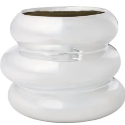 Vase bas céramique forme arrondie superposée gris chromé Ø11,5xH12,5cm
