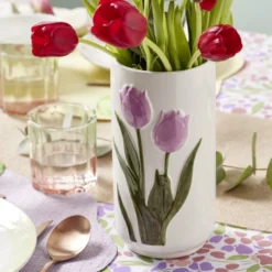 Vase en céramique blanc relief tulipe 3D Ø10xH20cm