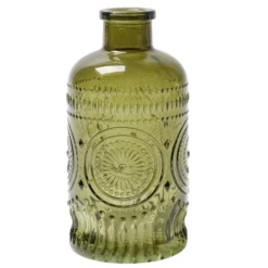 Vase verre coloré forme bouteille décor relief Ø6xH13cm (3 modèles)