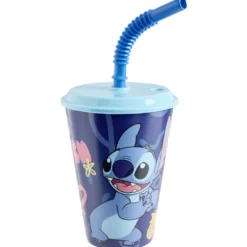 Verre enfant gourde paille Stitch plastique bleu 430ml
