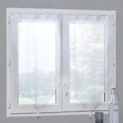 Vitrage à pattes voile uni blanc finition pointe pompon 60x90 cm x2