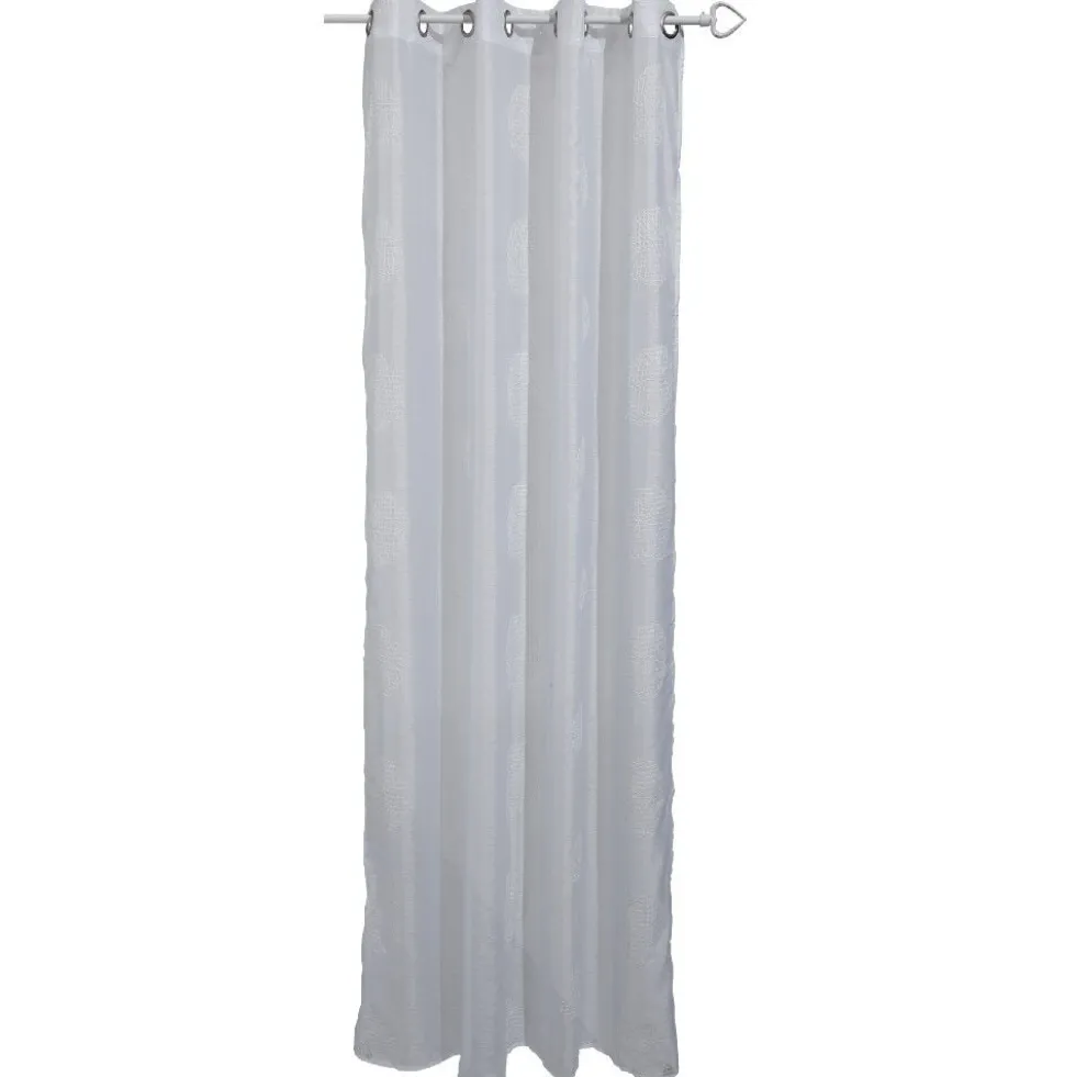 Voilage à oeillets motif brodé rond gris clair